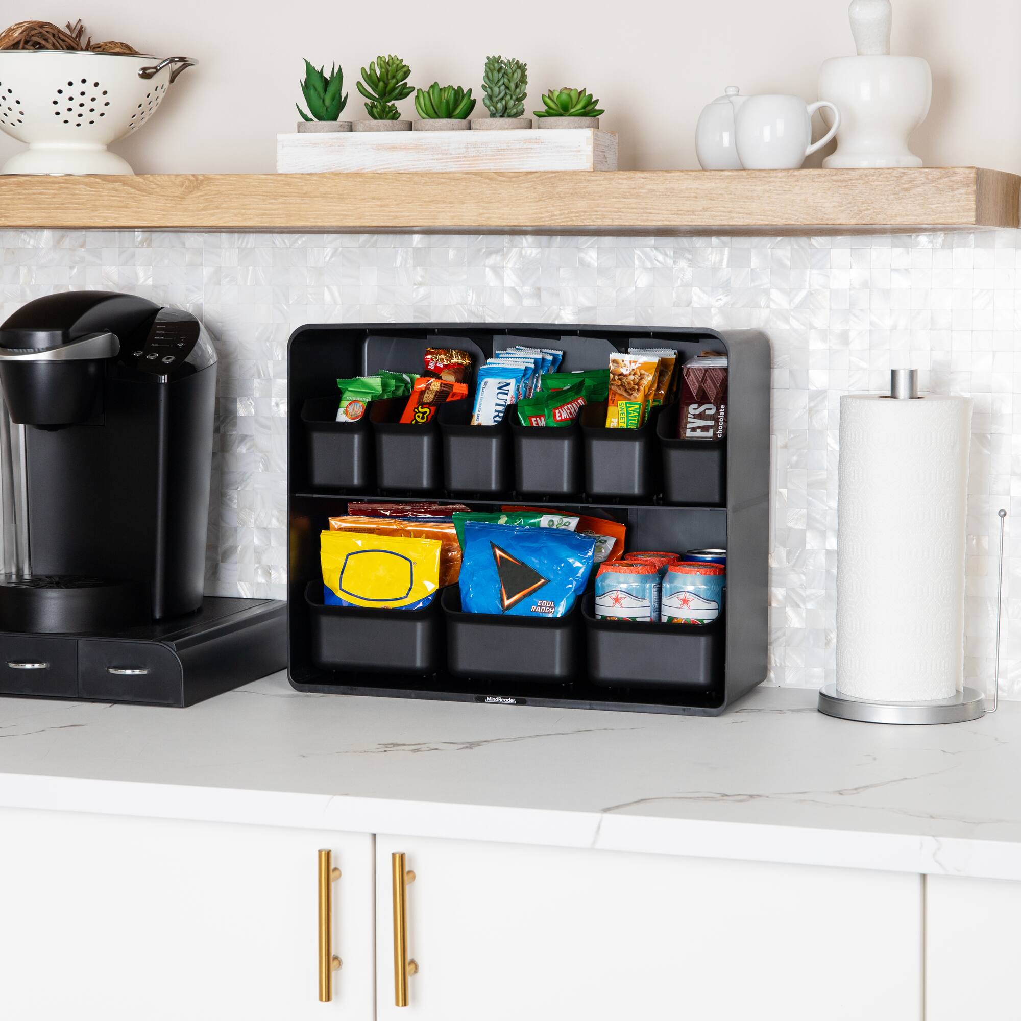 Mind Reader 18" x 7" x 14" Black Two-Tier Countertop Snack Organizer with Removable Bins